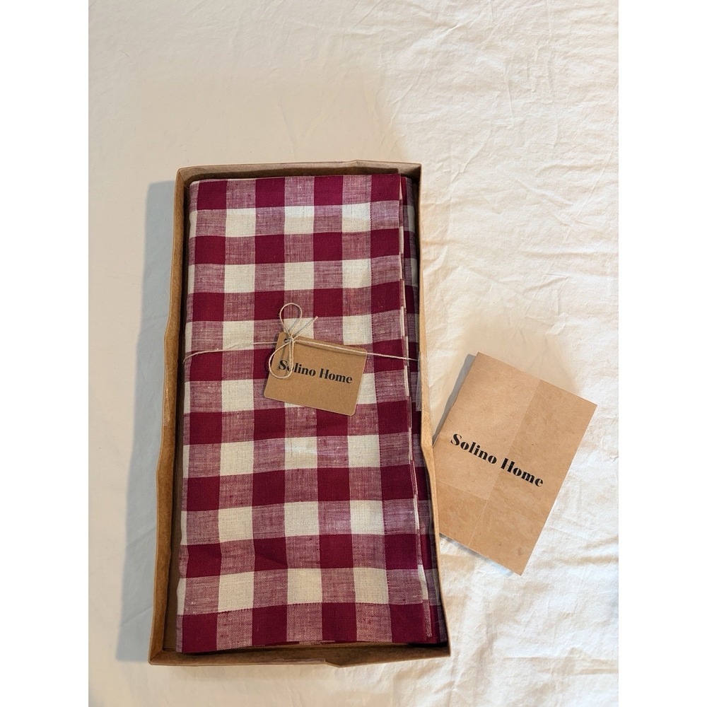 Solino Home Burgandy Gingham Check 100% Linen Tablecloth / Table Throw 52x52